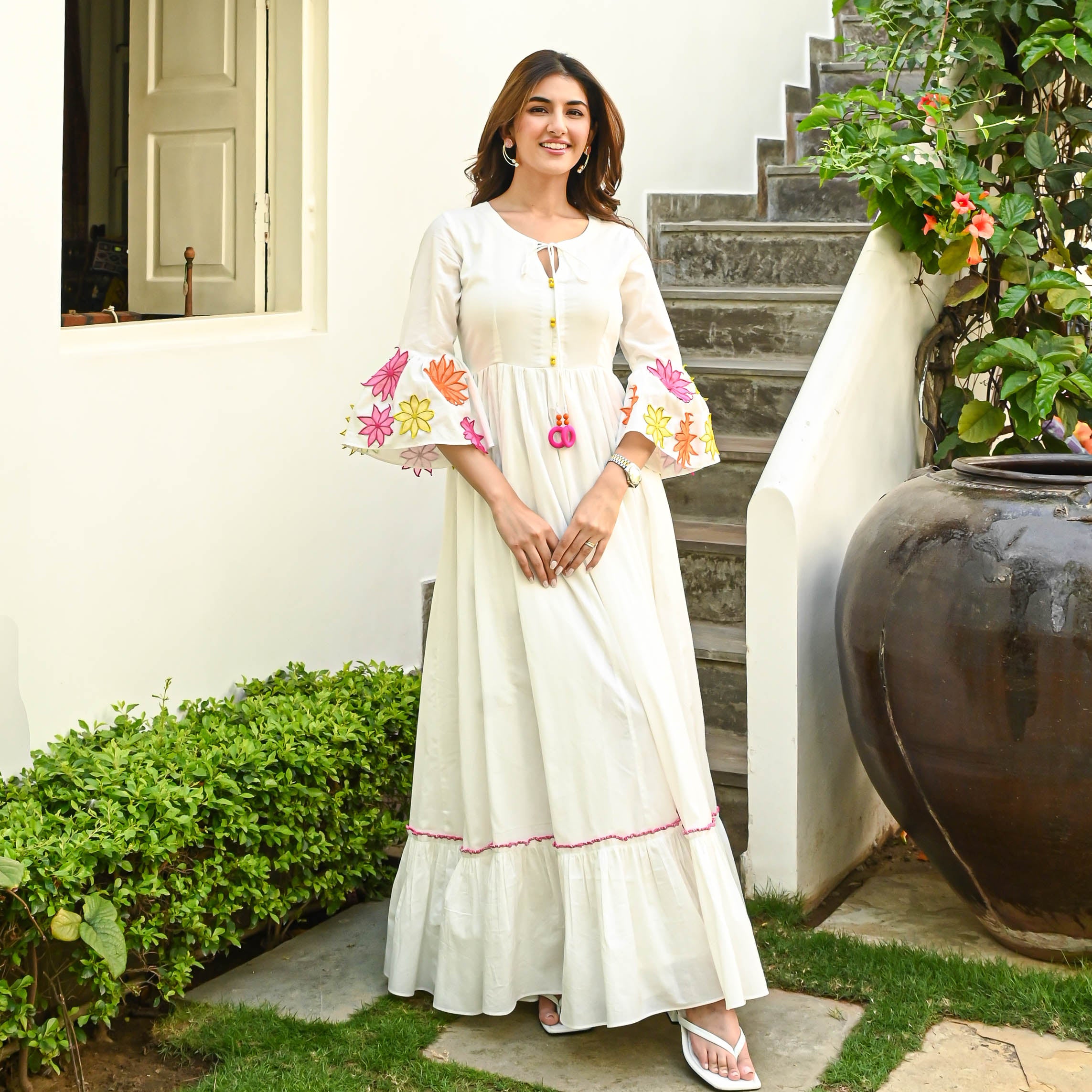 White Flower Floral Patch Dress For Women Online